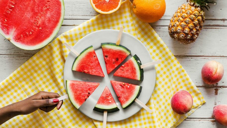Pieces of watermelon on a stick